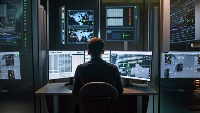 Rear view of a man sitting in front of computer monitors in server room, An IT specialist rear view working on a personal data security, AI Generated