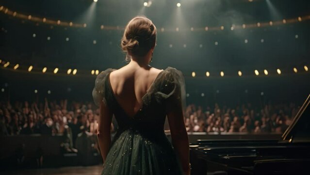 Beautiful girl in a green evening dress on the background of the concert hall, An opera singer full rear view singing in front of large audience, AI Generated
