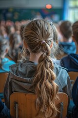 a girl with a ponytail sitting in a classroom