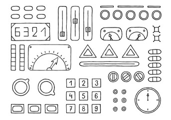 Panel with various buttons, levers, displays, monometers, sliders, indicators. Hand Drawn. Freehand drawing. Doodle. Sketch. Outline.	 - obrazy, fototapety, plakaty