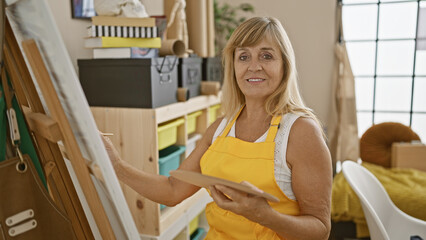 Confident, smiling, middle-aged blonde woman artist enjoying her hobby, drawing in an art studio, surrounded by a cascade of paintbrushes, canvas, and palette.