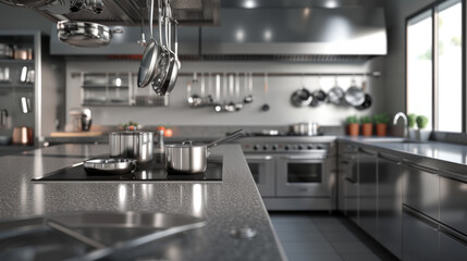 A sleek, modern kitchen featuring stainless steel appliances, granite countertops, and hanging cookware
