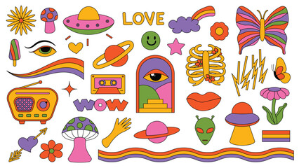 Set of hipster retro cool psychedelic elements. Collection stickers of groovy cliparts from the 70s 60s. Collage with trendy pop vibe with funky design element. Abstract background of cartoon sticker