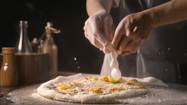 Chef sprinkling flour on pizza on black background, In a close-up view, the hands of a chef skillfully assemble a delicious