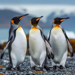 a group of penguins on a rocky beach