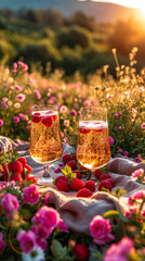 Fototapeta na wymiar A Summer Champagne Picnic.Summertime Wine and Berries