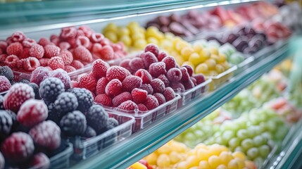 Fototapeta na wymiar Fruits and berry frozen on supermarket showcase. Background concept