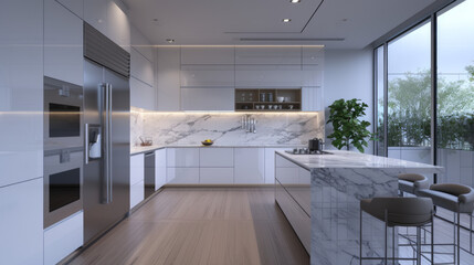 Fototapeta premium A sleek and modern kitchen with white cabinets, marble countertops, and stainless steel appliances