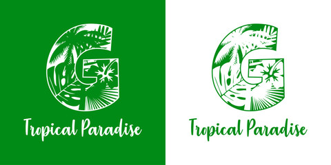 Logo destino de vacaciones. Mensaje Tropical Paradise con letra inicial G con silueta de plantas tropicales