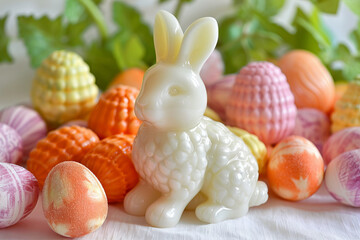 Sweet Easter eggs, white bunny and colorful sweets