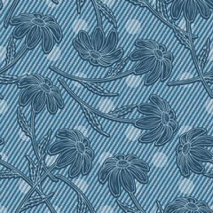 Summer monochrome denim pattern with chamomile, polka dot ornament behind. Blooming flowers with stem on blue jeans texture. Groovy, hippie, naive style for apparel, fabric, textile, design