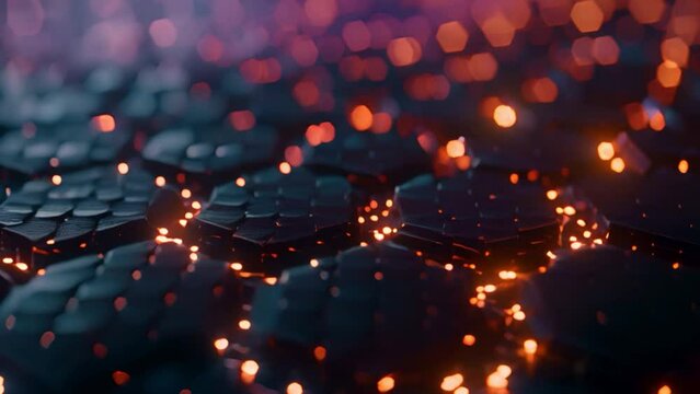 Black sequined fabric with red sparkles. Octagonal pavement pattern with sparks