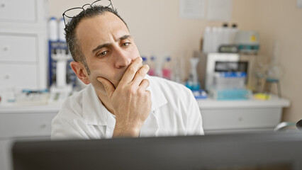 Thoughtful hispanic man with glasses in a white lab coat contemplating in a laboratory setting