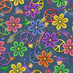 Pattern with peace sign, chamomile flowers, brush strokes, smudge paint, paint splatter on blue jeans texture. Groovy, hippie, naive style for apparel, fabric, textile design
