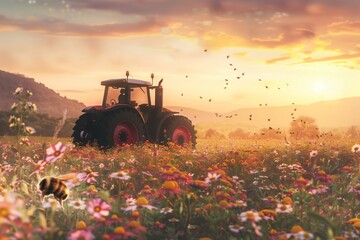 Biodegradable tractor operating in a field of wildflowers, with bees buzzing around, highlighting pollinator-friendly farming on Earth Day.