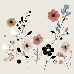 Minimalist floral arrangement with soft colors on a light background. Designer for fabric print