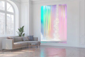 A holographic pastel waterfall cascading down a wall in a bright room with large windows,...