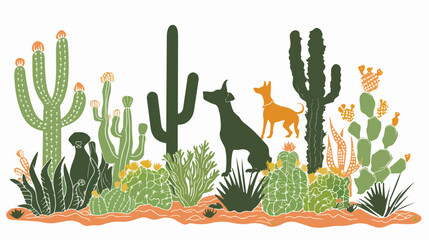 Cactus and Desertic Terrains With Dog Silhouettes Is