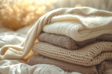 Colorful wool or alpaca blankets stacked in pile. Generative AI