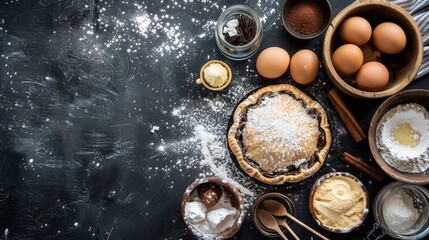 a table with food ingredients and a pie - obrazy, fototapety, plakaty