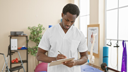 A focused african man in healthcare attire writing notes in a modern clinic rehabilitation room with equipment.