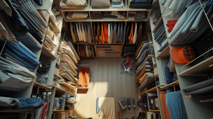 An overhead view of a well-organized closet with shelves, hangers, and neatly folded clothing