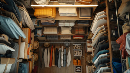 Obraz na płótnie Canvas An overhead view of a well-organized closet with shelves, hangers, and neatly folded clothing