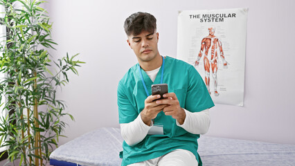 Young, handsome hispanic man physiotherapist sporting a serious face while using a smartphone in a...