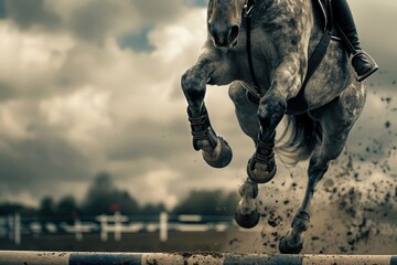 Close-up action shot of a dappled grey show jumping horse with protective boots, leaping over an obstacle.