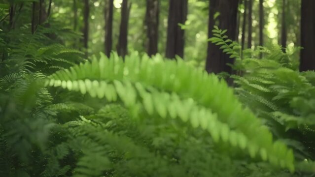 Delicate green fern fronds unfurl in the dappled sunlight of the summer forest