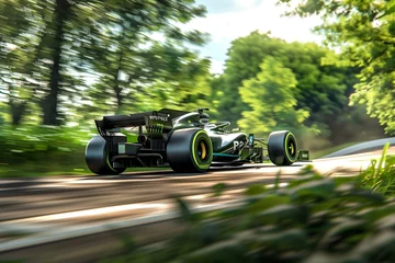 Deurstickers Eco-friendly Formula 1 car racing on a track surrounded by lush forests, symbolizing high-speed sustainability on Earth Day. © Abdul