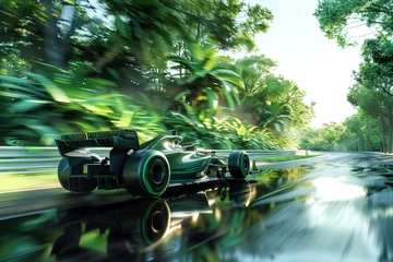 Poster Im Rahmen Eco-friendly Formula 1 car racing on a track surrounded by lush forests, symbolizing high-speed sustainability on Earth Day. © Abdul