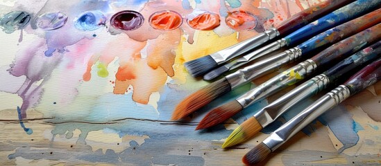 Several paint brushes are neatly arranged on top of a wooden table. These brushes are commonly used for watercolor painting, hinting at a creative and artistic environment.