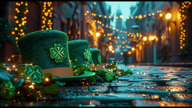 Vector  video Illustration with 3d Realistic Green Leprechaun Top Hat with Green Clover Shamrock. St. Patrick's Day Concept Design. 