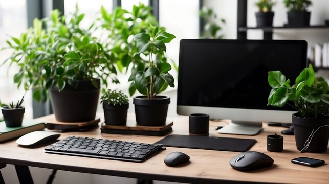 Ergonomic elegant luxury workplace. Modern computer, black leather mousepad and green potted plants on wooden table. Comfortable home office for entrepreneur, freelancer generative ai	
