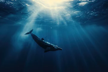 Fotobehang Lone sperm whale diving into the deep blue ocean abyss with sun rays filtering through the water surface. Place for text © evgenia_lo