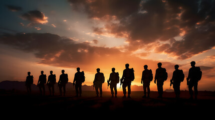 silhouette of u s military men and veterans at sunset - obrazy, fototapety, plakaty