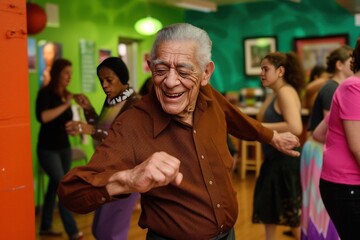 Obraz premium an elderly man is dancing in a room with other people