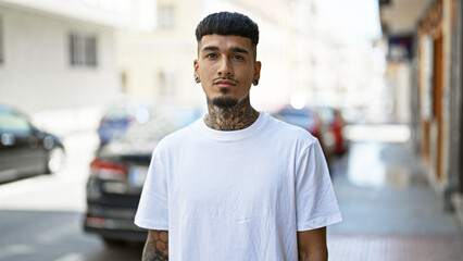 Obraz premium Young latin man standing with serious expression at street