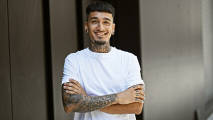 Portrait of a young, confident latin man, sporting a tattoo, cheerfully standing on a city street...