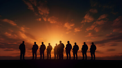 silhouette of u s military men and veterans at sunset