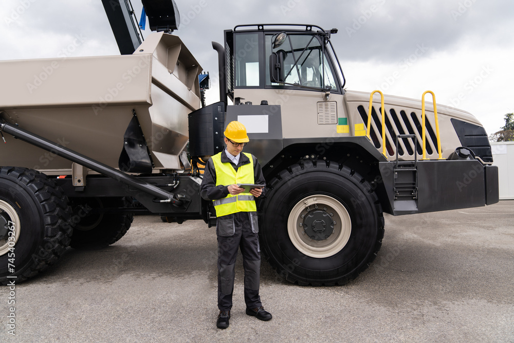 Poster Man worker with tablet computer stands next to mining truck