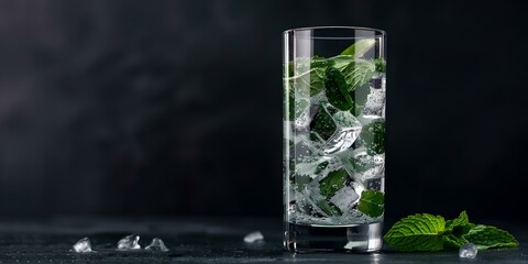 Refreshing mint-infused water in a clear glass, with ice cubes and green leaves on a dark background suitable for beverage advertising. AI