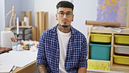 Serious-faced young latin man, tattooed artist in glasses, sitting indoors at art studio, engrossed...