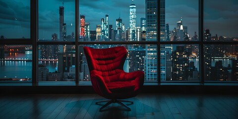 Modern interior with a view: elegant red chair, floor-to-ceiling windows, city skyline at night. perfect for articles on decor. AI - obrazy, fototapety, plakaty