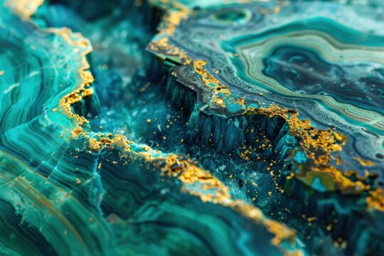 Macro shot of a Chrysocolla crystal with striking aqua blue and green layers, accented by vibrant gold mineral deposits.