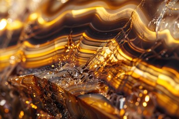 Macro photography of a tiger's eye stone revealing layered golden and brown bands with intricate details.