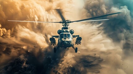 Military helicopter soaring through dramatic sky at sunset. action, adventure, and defense themes captured in flight. powerful image for any project. AI