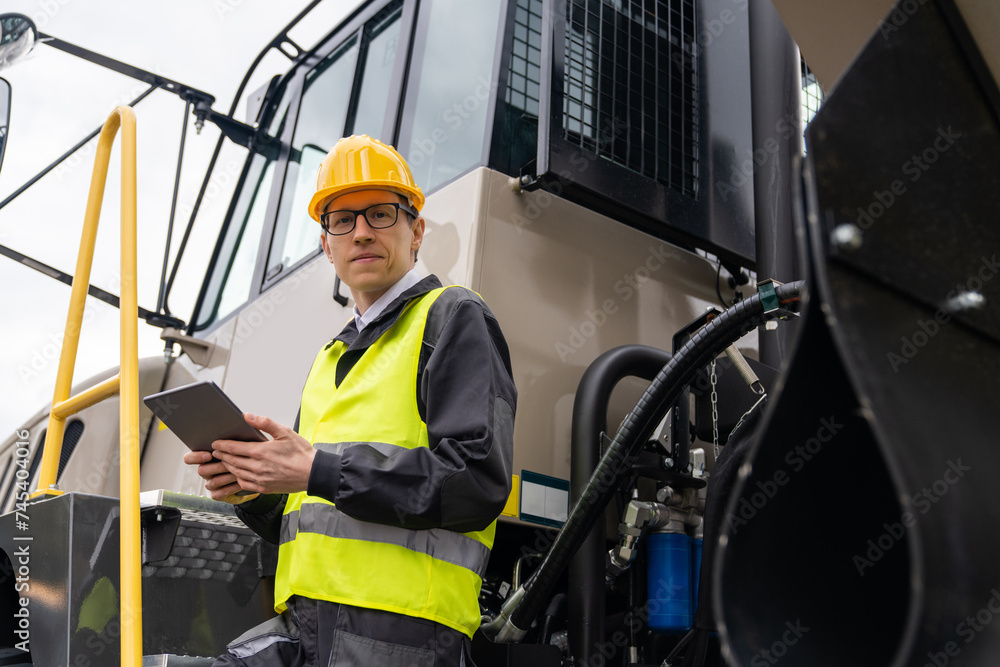 Poster Engineer with tablet computer stands on the stairs to the cab of a truck..