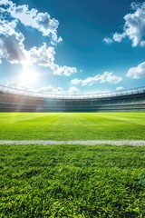 A modern stadium background with green grass at a sunny day